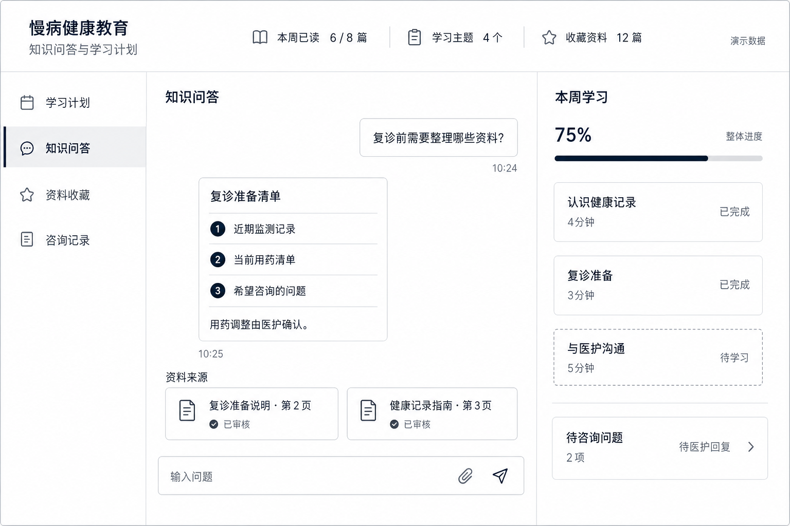 慢病患者教育知识服务：资料出处、学习计划与待咨询问题